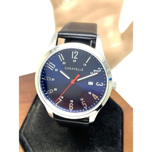 Caravelle by Bulova Mens Watch 43B161 Quartz Blue Dial Silver Black Leather Band - Picture 1 of 14